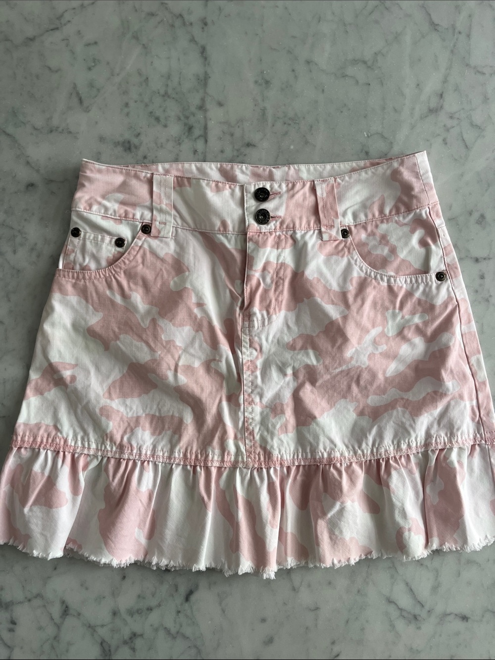 Old Navy Pink and White Camo Ruffle-Hem Mini Skirt